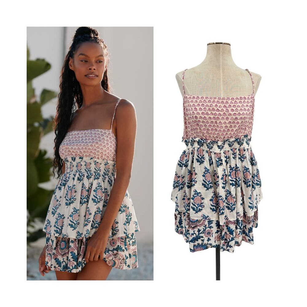 Anthropologie Celandine Straight Neck Tiered Floral Smocked Mini Dress XL